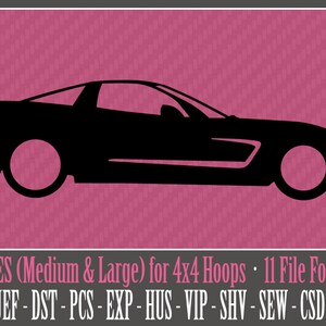 May include: Black silhouette of a sports car, 2 sizes (medium and large) for 4x4 hoops, 11 file formats: PES, JEF, DST, PCS, EXP, HUS, VIP, SHV, SEW, CSD, XXX