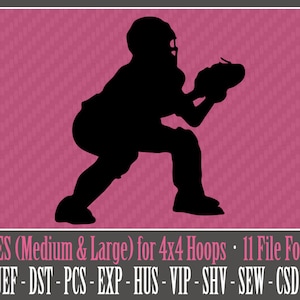 May include: Silhouette of a football player in a catching position, available in two sizes (medium and large) for 4x4 hoops.  The design comes in 11 file formats: PES, JEF, DST, PCS, EXP, HUS, VIP, SHV, SEW, CSD, and XXX.