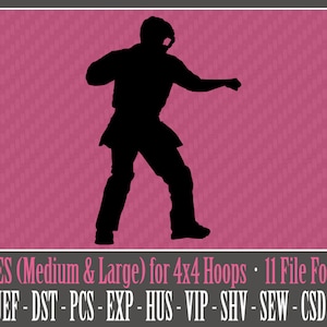 May include: Silhouette of a person in a baseball catcher's stance, with the text "2 SIZES (Medium & Large) for 4x4 Hoops 11 File Formats PES-JEF-DST-PCS-EXP-HUS - VIP - SHV - SEW - CSD - XXX" at the bottom.