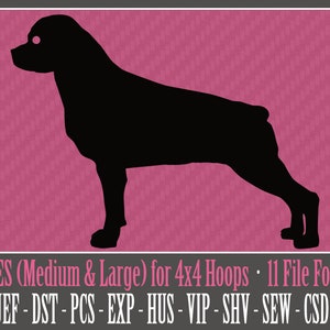May include: Black silhouette of a Rottweiler dog in two sizes, medium and large, for 4x4 embroidery hoops. 11 file formats are included: PES, JEF, DST, PCS, EXP, HUS, VIP, SHV, SEW, CSD, XXX.