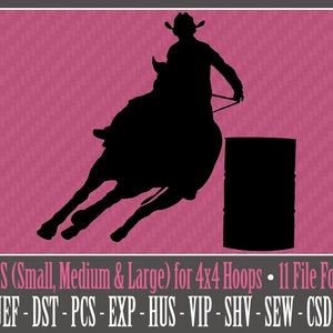 Könnte beinhalten: Eine schwarze Silhouette einer Person, die auf einem Pferd um ein Fass reitet. Das Bild ist für 4x4-Hoops und in drei Größen erhältlich: klein, mittel und groß. Das Bild ist in 11 Dateiformaten verfügbar: PES, JEF, DST, PCS, EXP, HUS, VIP, SHV, SEW, CSD und XXX.