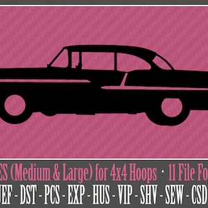 Könnte beinhalten: Schwarze Silhouette eines klassischen Autos, Seitenansicht. 2 GRÖSSEN (Mittel & Groß) für 4x4-Reifen. 11 Dateiformate: PES-JEF - DST-PCS-EXP - HUS - VIP - SHV - SEW - CSD - XXX