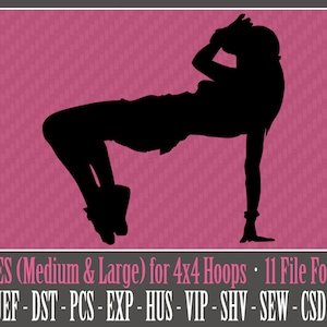 Può includere: Silhouette di una persona in una posa di danza, con il testo "2 SIZES (Medium & Large) for 4x4 Hoops. 11 File Formats PES - JEF - DST - PCS - EXP - HUS - VIP - SHV - SEW - CSD - XXX" in basso.