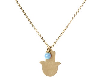 Hamsa necklace with opal bead,gold hamsa necklace,hand of fatima,opal hamsa necklace,opal necklace,opal hand necklace,Dainty gold necklace