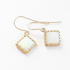 Dangle opal earrings, opal gold earrings, drop opal earrings,white opal stone, gold filled earrings, opal jewelry ,Gift for her image 1