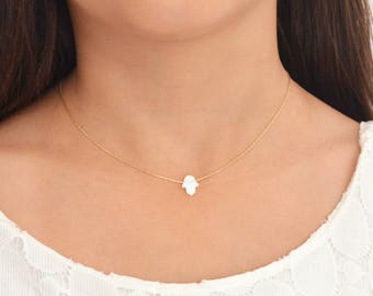 Opal Hamsa Necklace,White Opal Hamsa Necklace,Opal Necklace Choker,Hamsa Necklace,Dainty Opal Necklace,Gold filled Necklace,Gift for her