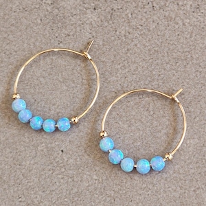 Blue Opal beads hoop gold filed Earrings, Dainty Opal earrings, ,Minimalist earrings, Gold filled or Sterling Silver ,Gift for her