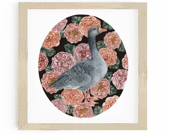 Goose Painting with Peonies, print