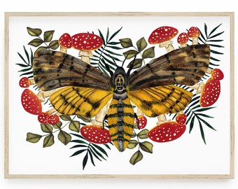 Deaths Head Moth Print with Magic mushroom art