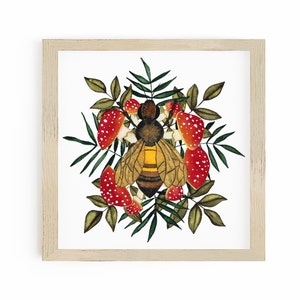 Mushroom Art Print with Honey Bee Print, Save the Bees