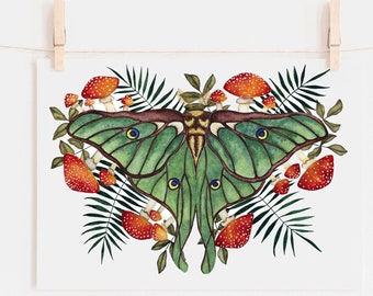 Luna Moth Print with Mushroom Art, Decor