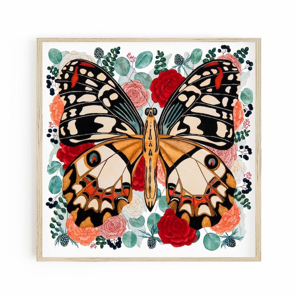 Butterfly Painting Art Print, Naturalist Wall Art, Burnt Orange Lake House decor