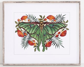 Mushroom Art Print with Luna Moth, Decor
