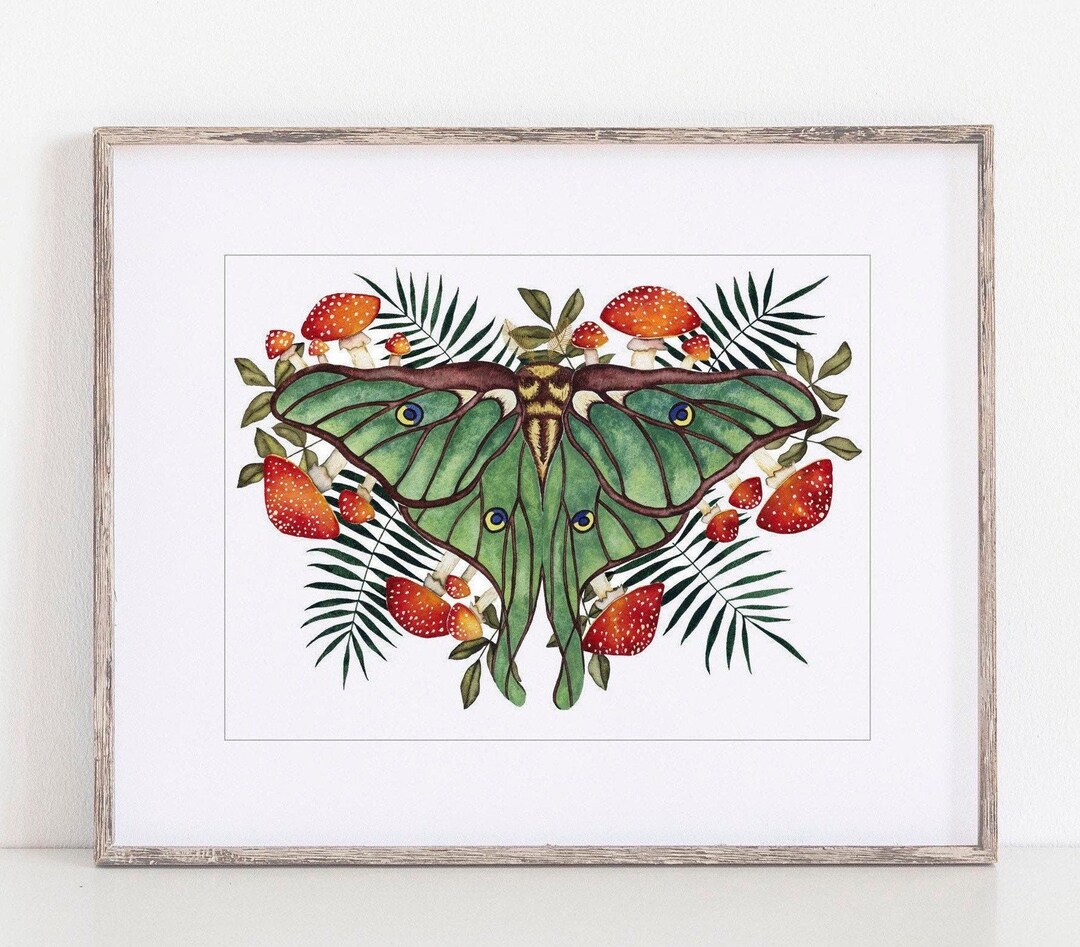 Mushroom Art Print with Luna Moth, Decor