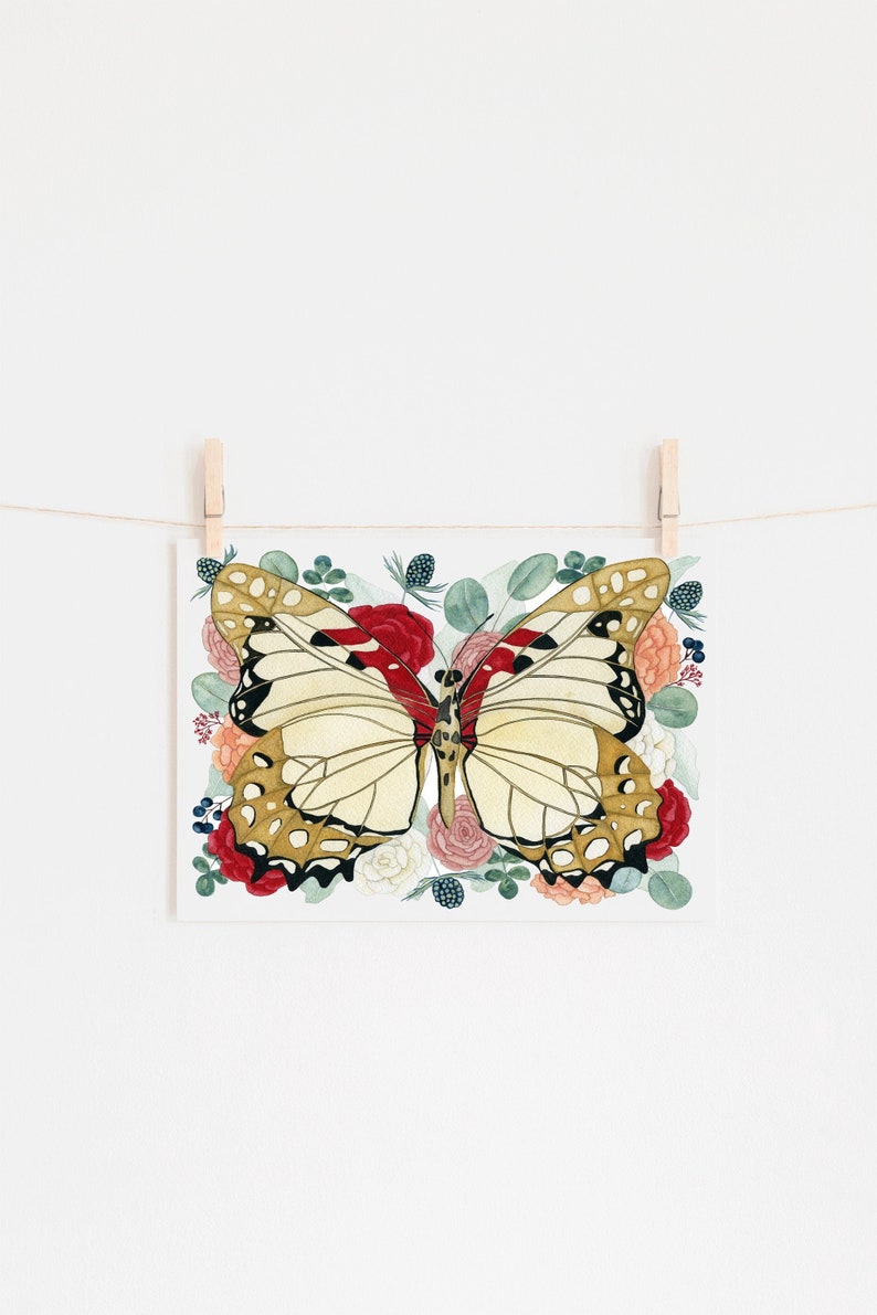May include: A watercolour painting of a butterfly with brown and gold wings surrounded by red, pink, and white flowers. The butterfly has a red stripe across its wings.