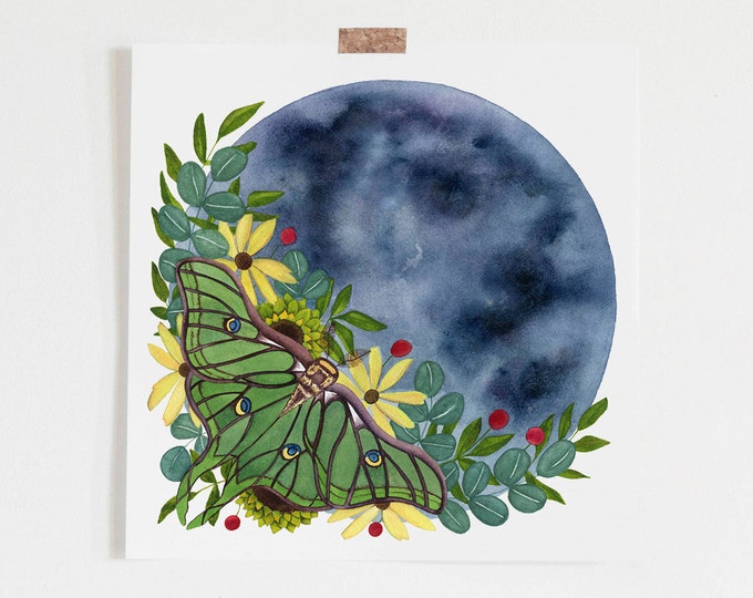 Moon Moth Print of Watercolor, Boho Dorm Decor, Luna, Full Moon Child