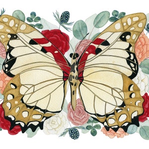 May include: A watercolour painting of a butterfly with brown and black wings surrounded by red, white and pink flowers. The butterfly is in the centre of the image and the flowers are arranged around it.