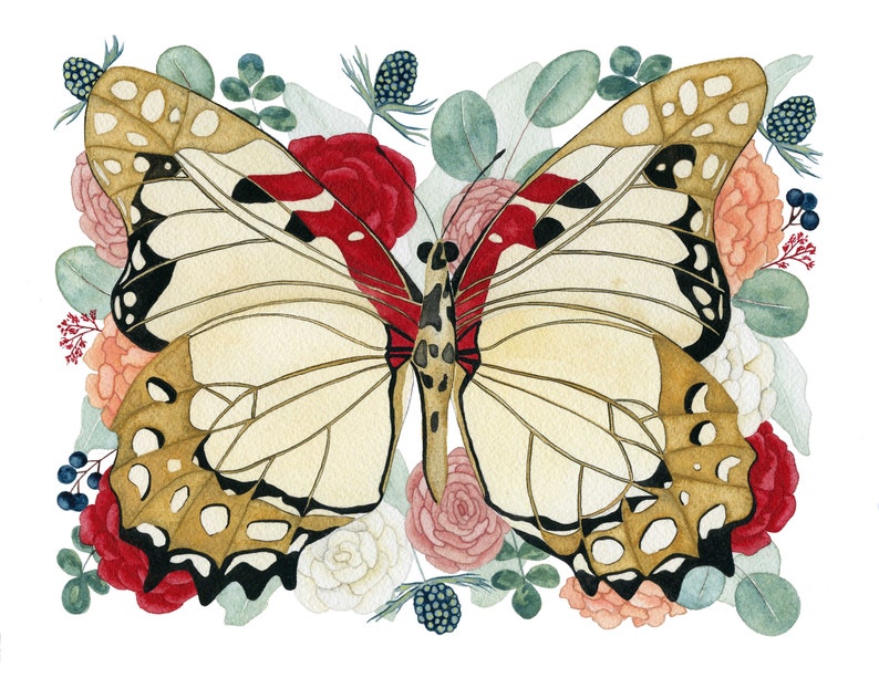 May include: A watercolour painting of a butterfly with brown and black wings surrounded by red, white and pink flowers. The butterfly is in the centre of the image and the flowers are arranged around it.