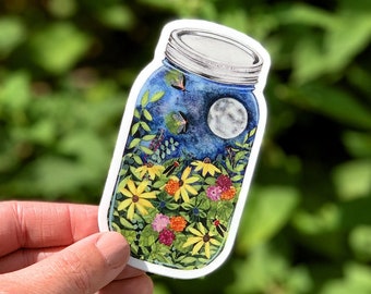 Firefly Jar Vinyl Sticker: Watercolor Moon & Flowers