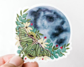 Moth Sticker with Moon, Vinyl Decal, Celestial Nature decal