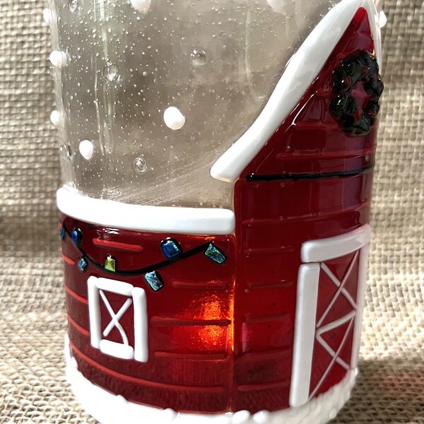 Christmas Tealight Sconce Winter Barn Sconce Farmhouse Home Decor Holiday Mantle Handmade Fused Glass Art Side Table Office Unique Gift