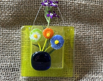 Flowered Pocket Vase Chartreuse Wall Hanging Small Vase Unique Home Decor Handmade Fused Glass Art Gift For Her Gift for Him Office Decor