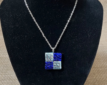 Blue Silver Checkerboard Dichroic Pendant Metallic Textured Jewelry Handmade Fused Glass Art Holiday Jewelry Unique Casual Formal Minimalist