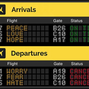 Download digitale: tabellone di partenza e arrivo dell'aeroporto con grafica di emozioni positive e negative