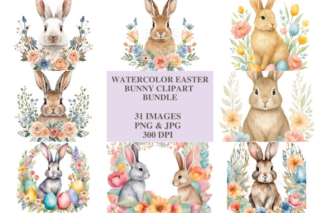 Watercolor Easter Bunny Clipart Bundle - Cute Spring Floral Rabbit Pngs ...