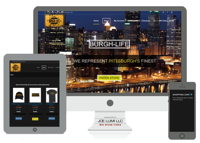 May include: A website homepage for a company called Burgh-Life, which represents Pittsburgh's finest. The website features a nighttime cityscape of Pittsburgh with the company logo and the text "WE REPRESENT PITTSBURGH'S FINEST". There is a button that says "ENTER STORE".