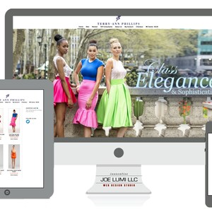 May include: A website screenshot showing a fashion boutique with a homepage featuring three women wearing colorful skirts and the text "Class Elegance & Sophistication". The website is designed by Joe Lumi LLC.