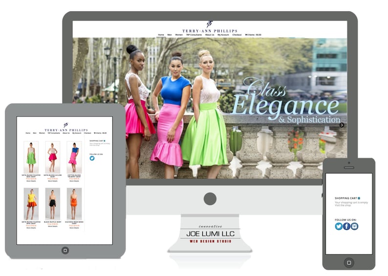 May include: A website screenshot showing a fashion boutique with a homepage featuring three women wearing colorful skirts and the text "Class Elegance & Sophistication". The website is designed by Joe Lumi LLC.