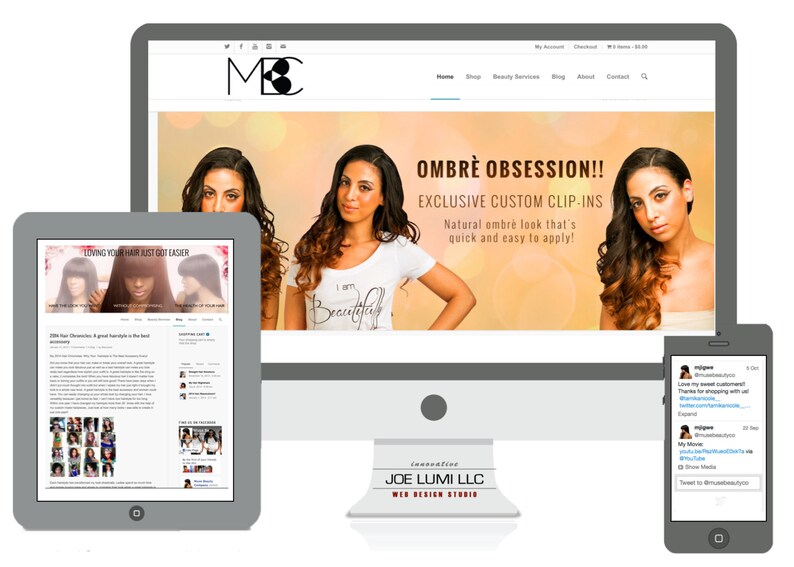 May include: A website homepage for a beauty salon and hair extension business. The website features a banner image with the text "OMBR&Egrave; OBSESSION!! EXCLUSIVE CUSTOM CLIP-INS Natural ombr&eacute; look that's quick and easy to apply!" and a model with long ombre hair. The website also features a blog post titled "Loving Your Hair Just Got Easier".