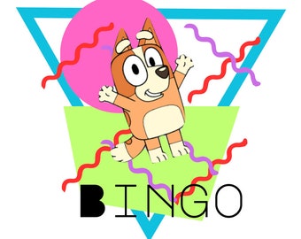 May include: A cartoon dog named Bingo is jumping in the air with a pink circle behind him. The background is a blue and green geometric design with red and purple wavy lines. The word "BINGO" is written in black letters at the bottom of the image.