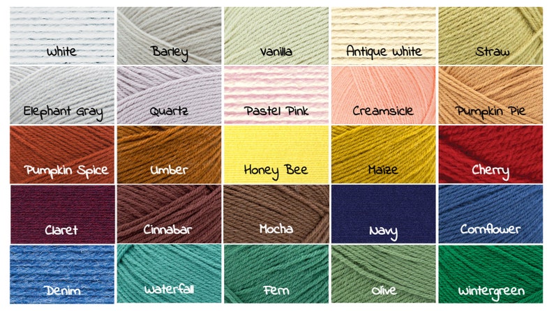 Peut inclure: Un nuancier de 25 couleurs de fil, comprenant blanc, orge, vanille, blanc antique, paille, gris &eacute;l&eacute;phant, quartz, rose pastel, cr&egrave;me glac&eacute;e, tarte &agrave; la citrouille, &eacute;pices &agrave; la citrouille, ombre, abeille, ma&iuml;s, cerise, vin rouge, cinabre, moka, marine, bleuet, denim, cascade, foug&egrave;re, olive et vert d'eau.