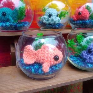 Fish Desk Pet/ Mini Stress Free Gold Fish Bowl/ No Mess Class Room Pet/ Crochet Small Fish Bowl/ Small Knit Fish Toy/ Mini No Water Aquarium