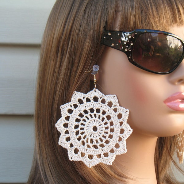 Mandala Lace Large Macramé Earring/ Crochet Boho Doily Dangle drop Earring/ Knit Fashion Big Floral Light Weight Jewelry/Mothers Day Gift