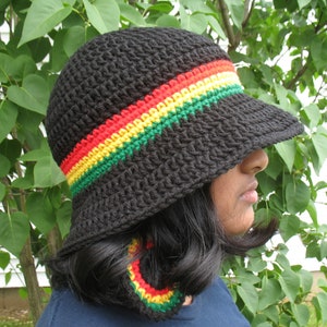 Rasta Sun Hat/ Crochet Rasta Bucket Hat/ Jamaica Reggae Hippy Boho Beach Hat/ Red Yellow Green Black Stripes Hat/ Pan Asian Wide Brimmed Hat