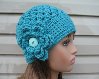 Gorro de lana para mujer con flor / Gorro de invierno de ganchillo / Accesorios de moda de invierno / Gorro de punto acanalado / Gorro cuadrado de verano para mujer