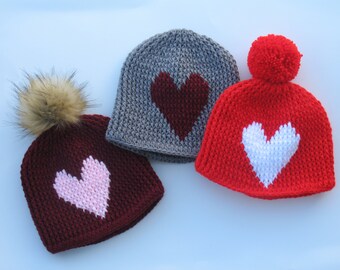 Valentinstag Hut/ Herz Hut/ Valentinstag Mütze/ Erwachsene Unisex Wintermütze/ Männer Valentinstag Geschenk/ Roter Hut mit Bommel/ Gerippter Hut/ Geschenk