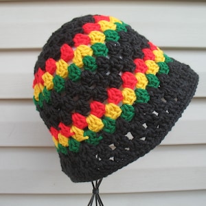 Rasta Sun Hat/ Crochet Bucket Hat/ Jamaica Reggae Hippy Boho Beach Hat/ Red Yellow Green Black Granny Stripes Hat/ Knit Pan Asian Wide Brim