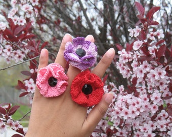 Flower Ring/ Large Crochet Poppy Flower Ring/ Mother's Day Gift/ Adjustable Ring/ Fiber Jewelry/ Rose Ring/ Boho  Ring/ Statement Jewelry