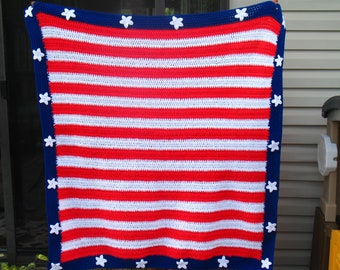 American Flag Afghan, Red White Blue Blanket, Crochet Patriotic Afghan, White Star Blanket/ Veterans Gift/ Memorial Day Decor/ 4th Of July