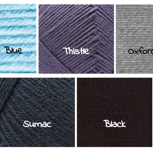 Peut inclure: &Eacute;chantillons de fil de diff&eacute;rentes couleurs, notamment vert pastel, bleu pastel, chardon, gris oxford, anthracite, sumac et noir.