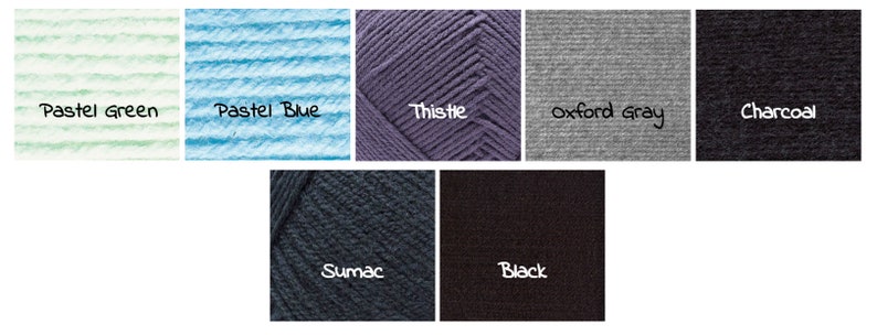 Peut inclure: &Eacute;chantillons de fil de diff&eacute;rentes couleurs, notamment vert pastel, bleu pastel, chardon, gris oxford, anthracite, sumac et noir.