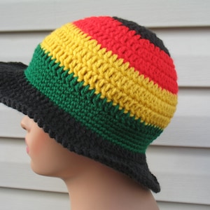 Rasta Sun Hat/ Crochet Rasta Bucket Hat/ Jamaica Reggae Hippy Boho Beach Hat/ Red Yellow Green Black Stripes Hat/ Pan Asian Wide Brimmed Hat