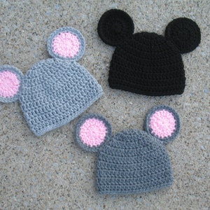 Mouse Hat/ Gray Mouse Hat/ Crochet Black Mouse Ear Hat/ Knit Mickey Mouse Hat/ Baby Photo Prop/ Infant Animal Hat/ Toddler Kids Hat