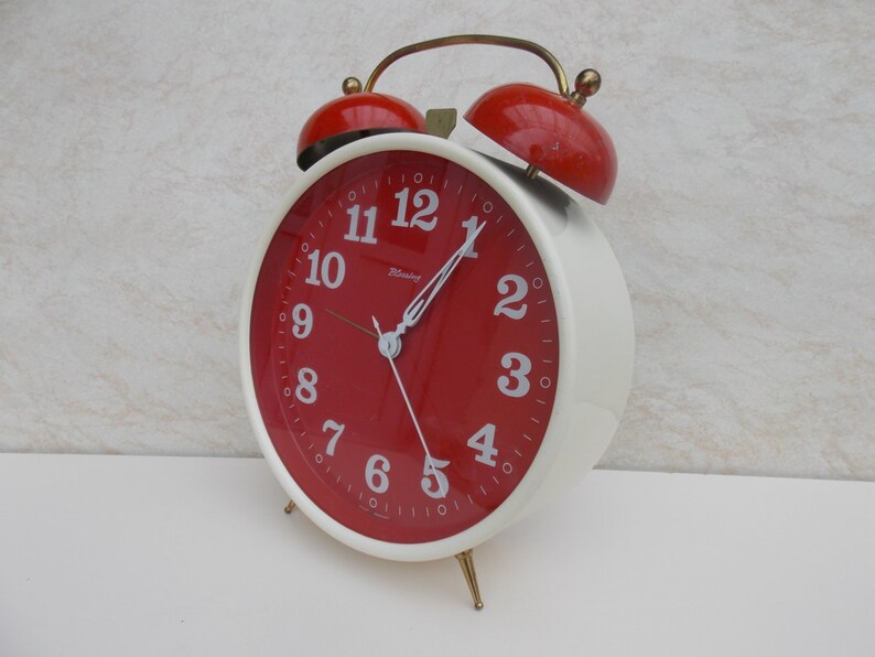 Extra Large Desk Clock Table Alarm Red White Blessing Mechanical Vintage West Germany Gift