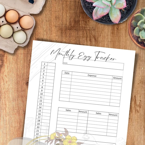 Monthly Egg Tracker Sheet - Egg Log - Black and White Chicken Tracker