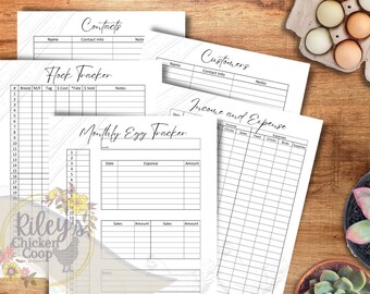 May include: Printable black and white planner pages for tracking chicken flock, egg production, income and expenses, and customer contacts. The pages have a rustic woodgrain background and a floral design.